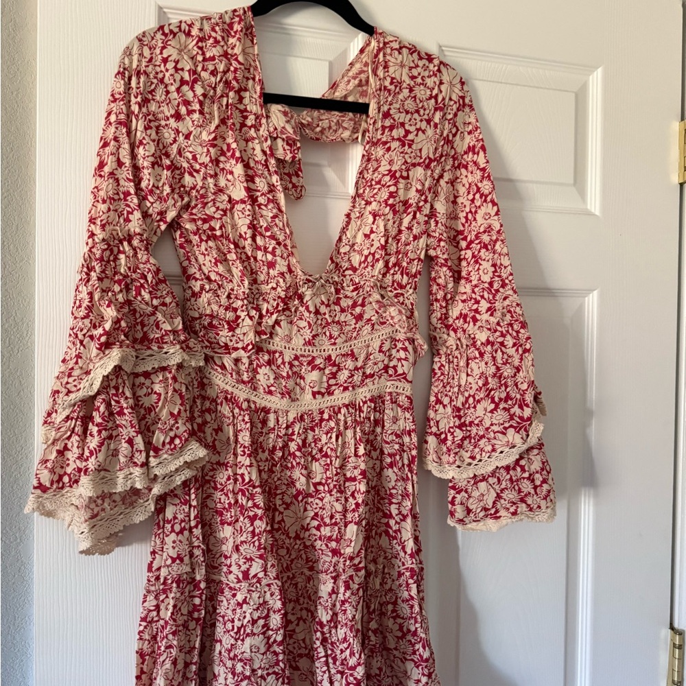 Free People Red and Cream Floral Long Sleeve Dress